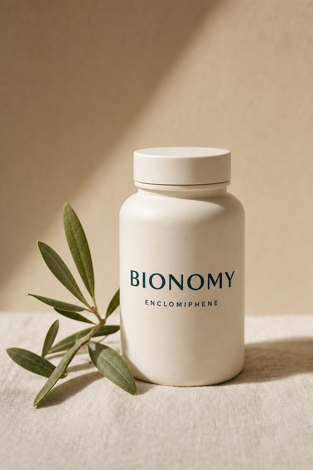 Amber prescription bottle on cream linen with olive sprig