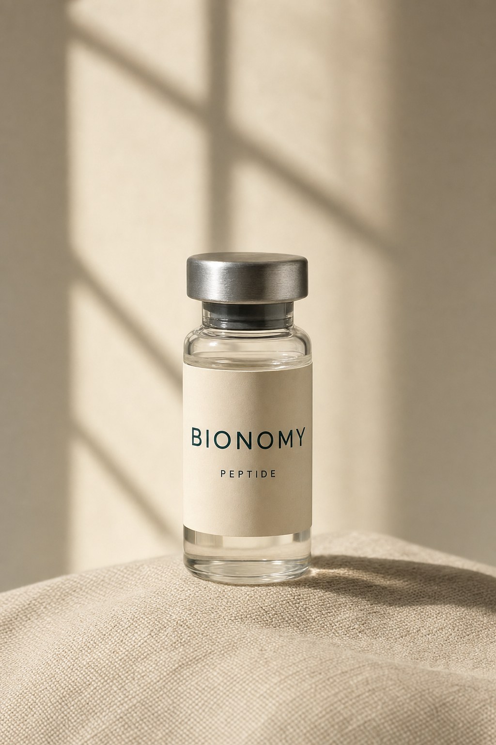 Compounded Sermorelin peptide vial on cream linen, editorial men's recovery still life