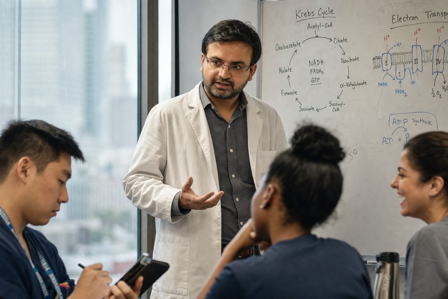 Dr. Sharma teaching medical residents at a whiteboard covered in metabolic biochemistry