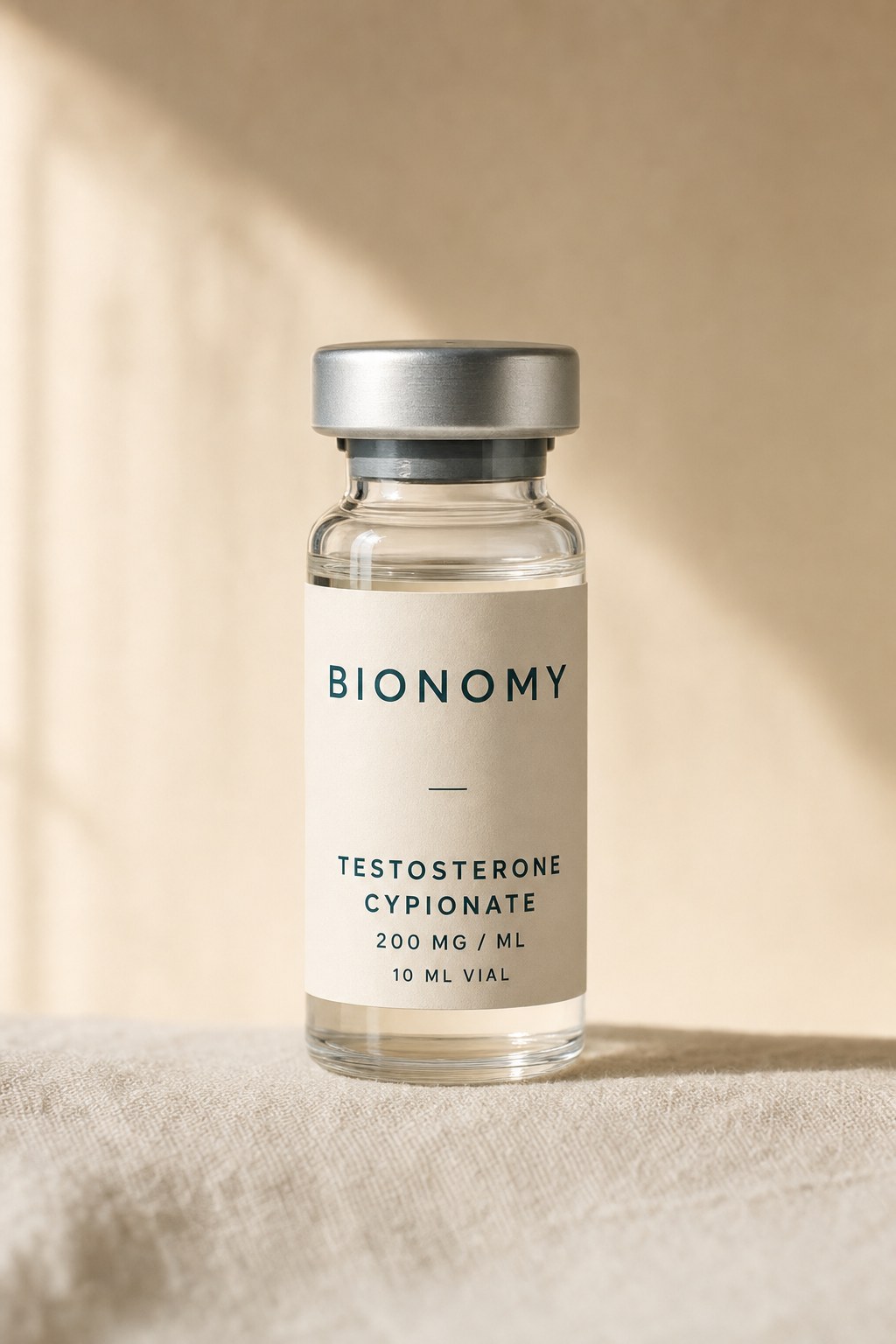 Glossy amber testosterone vial on cream surface