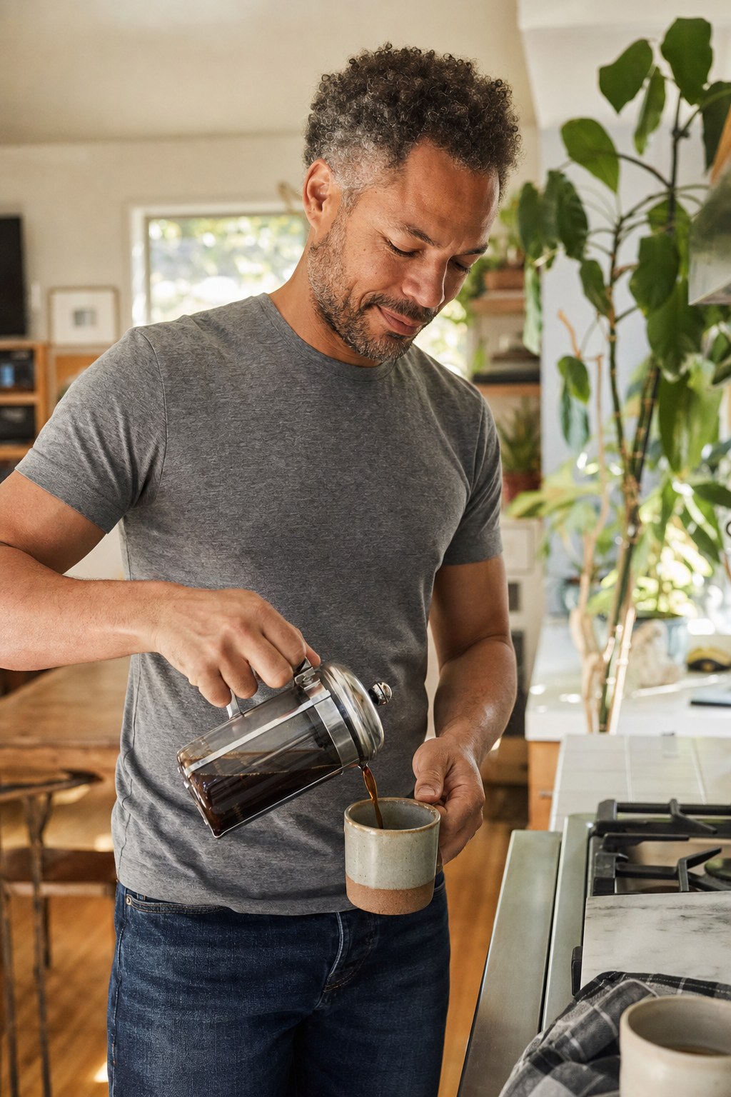 Marcus, a 41-year-old surgeon, pouring coffee in his Los Angeles kitchen on a Saturday morning